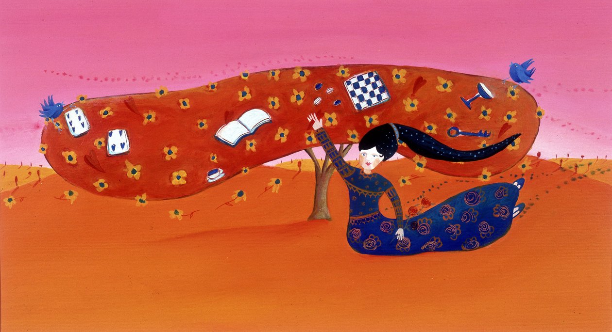 少女が木を持っている - イラスト：Patrizia La Porta 作： パトリツィア ラ ポルタ