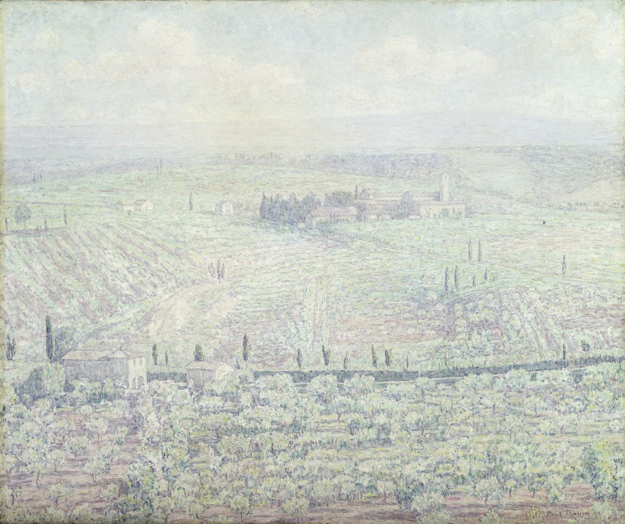 晴れた夏の日の朝の丘陵のトスカーナの風景、1930年頃 作： ポールバウム