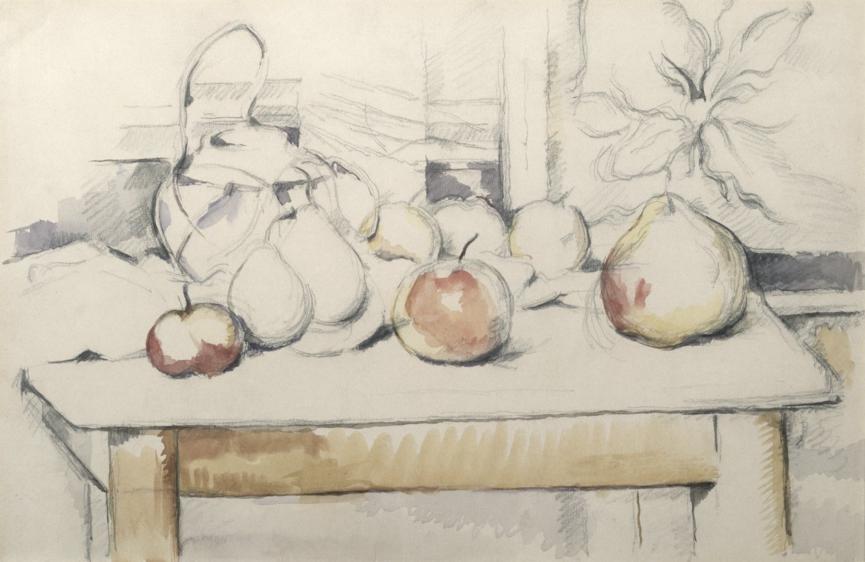 テーブルに生姜と果物の鍋、c.1888-90（紙に鉛筆とトイレ） 作： ポール・セザンヌ