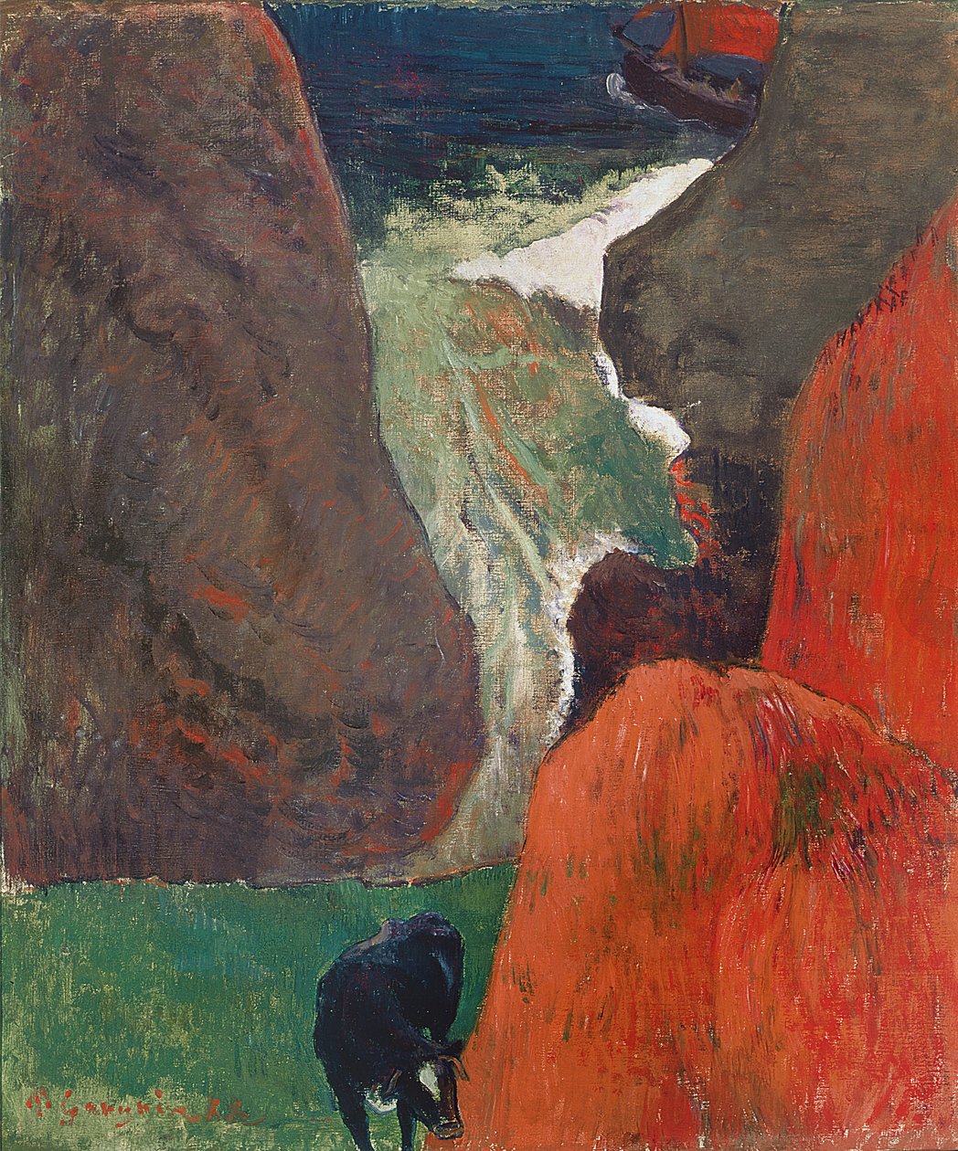 牛と海の風景。崖の端、1888 作： ポール・ゴーギャン