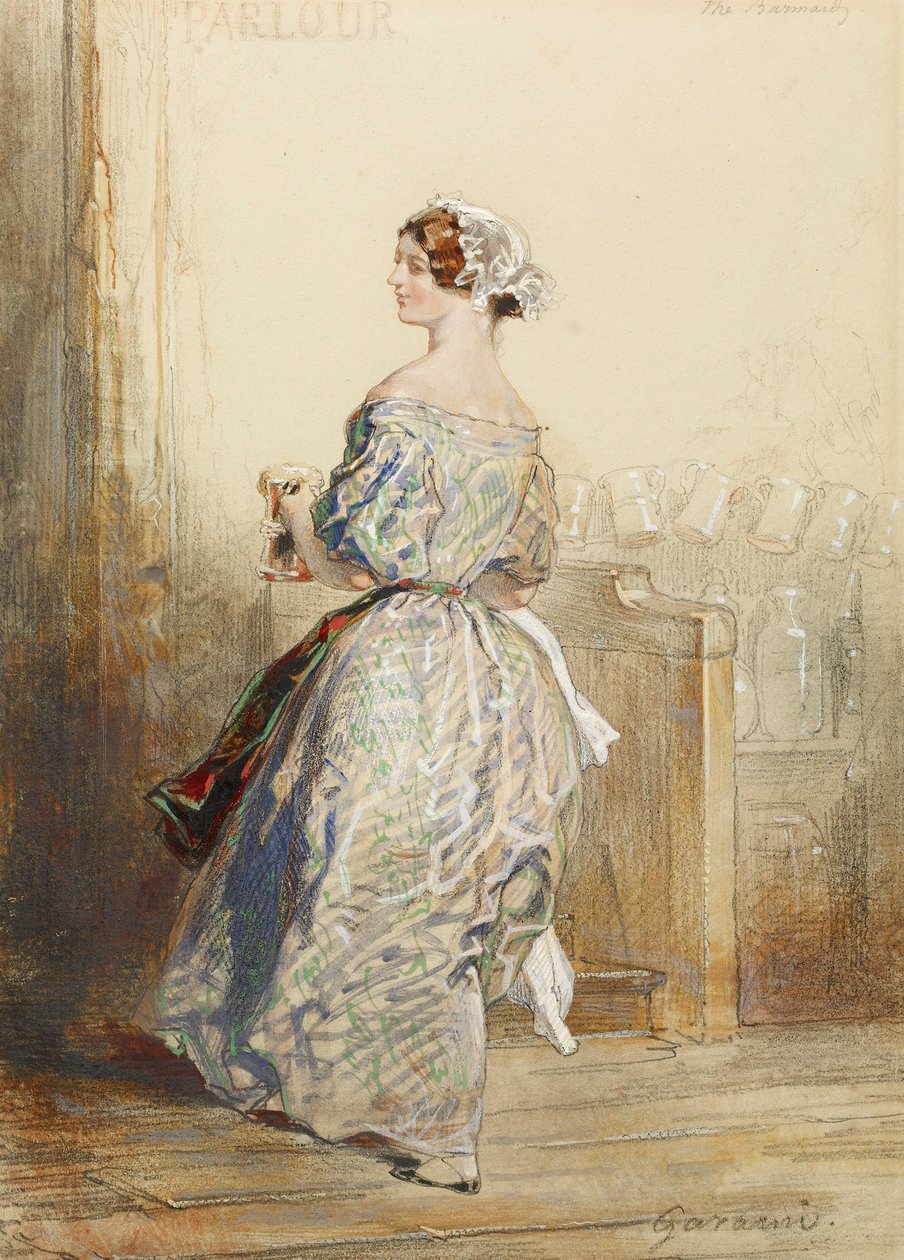 バーメイド、c.1850（紙に白で強調したトイレ、クレヨン、グラファイト） 作： ポール・ガヴァルニ