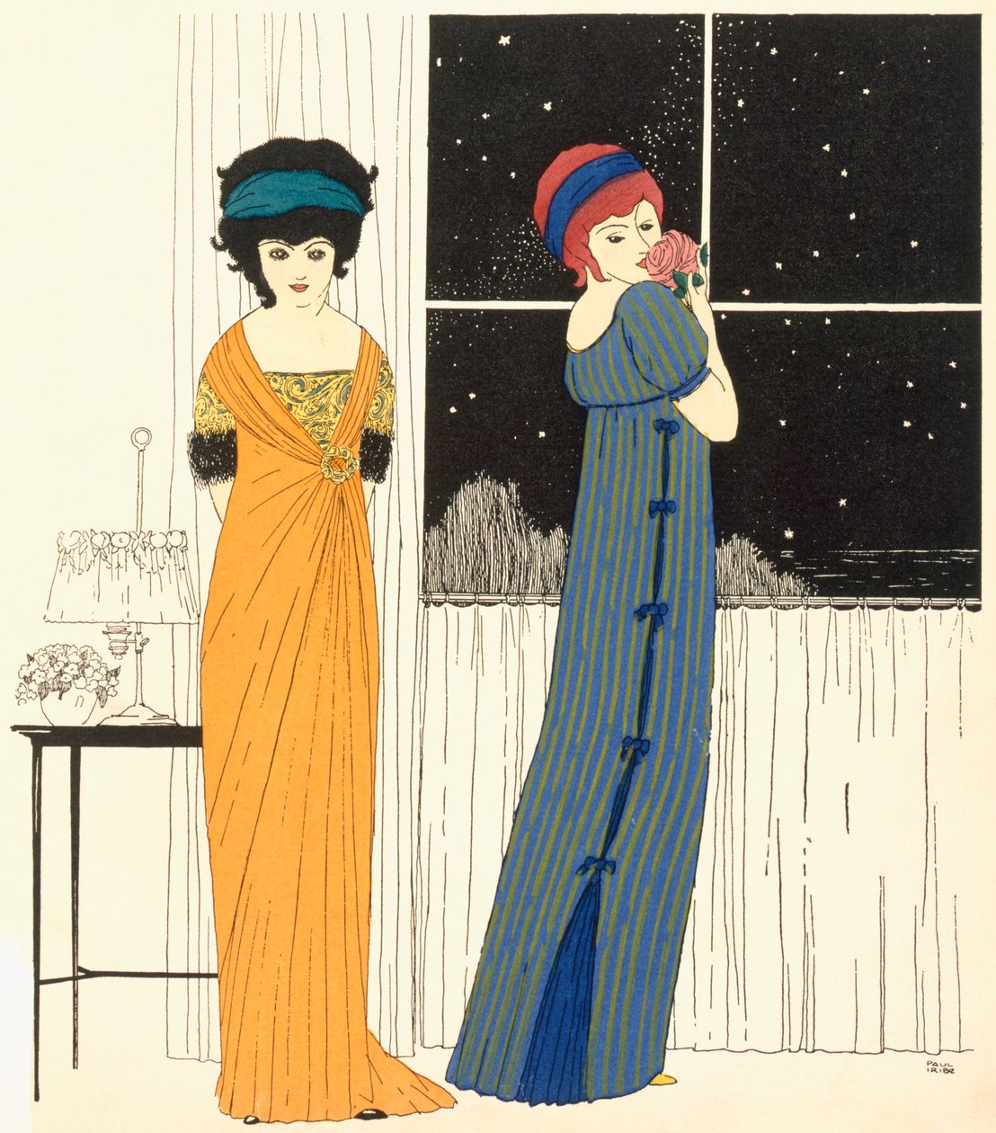 「Les Robes de Paul Poiret」1908（ステンシルプリント）の2つのエンパイアラインイブニングドレス 作： ポール・イリベ