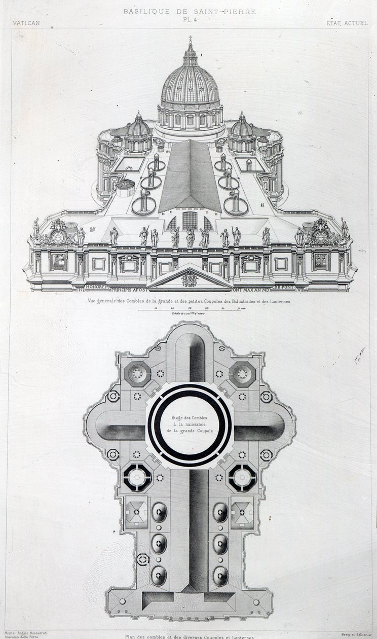 レタルイイの「ローマ近代建築」からのローマのサンピエトロの屋根の計画、1882年に発行された版 作： ポール・マリー・レタロウリー