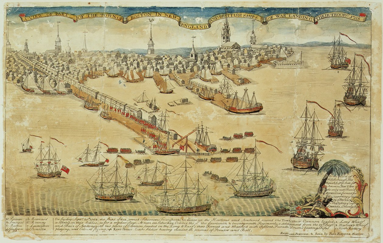 ニューイングランドのボストンの町の一部とイギリス軍の船が部隊を上陸させました！ 1768 作： ポール・リビア
