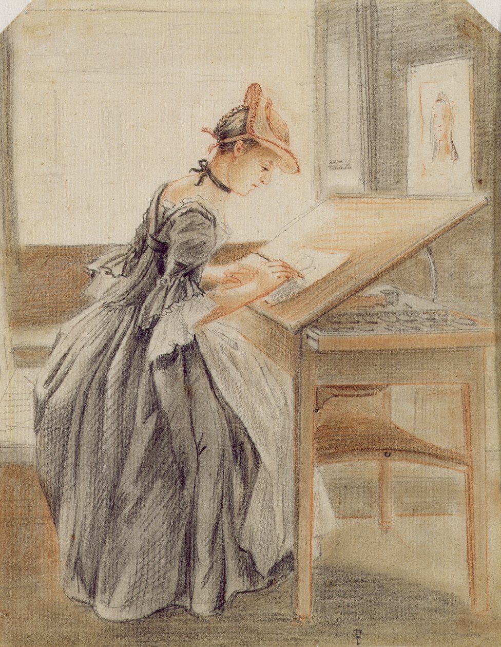 描画テーブルでコピーする女性、c.1760-70（黒鉛、赤と黒のチョーク、紙の切り株） 作： ポール・サンドビー