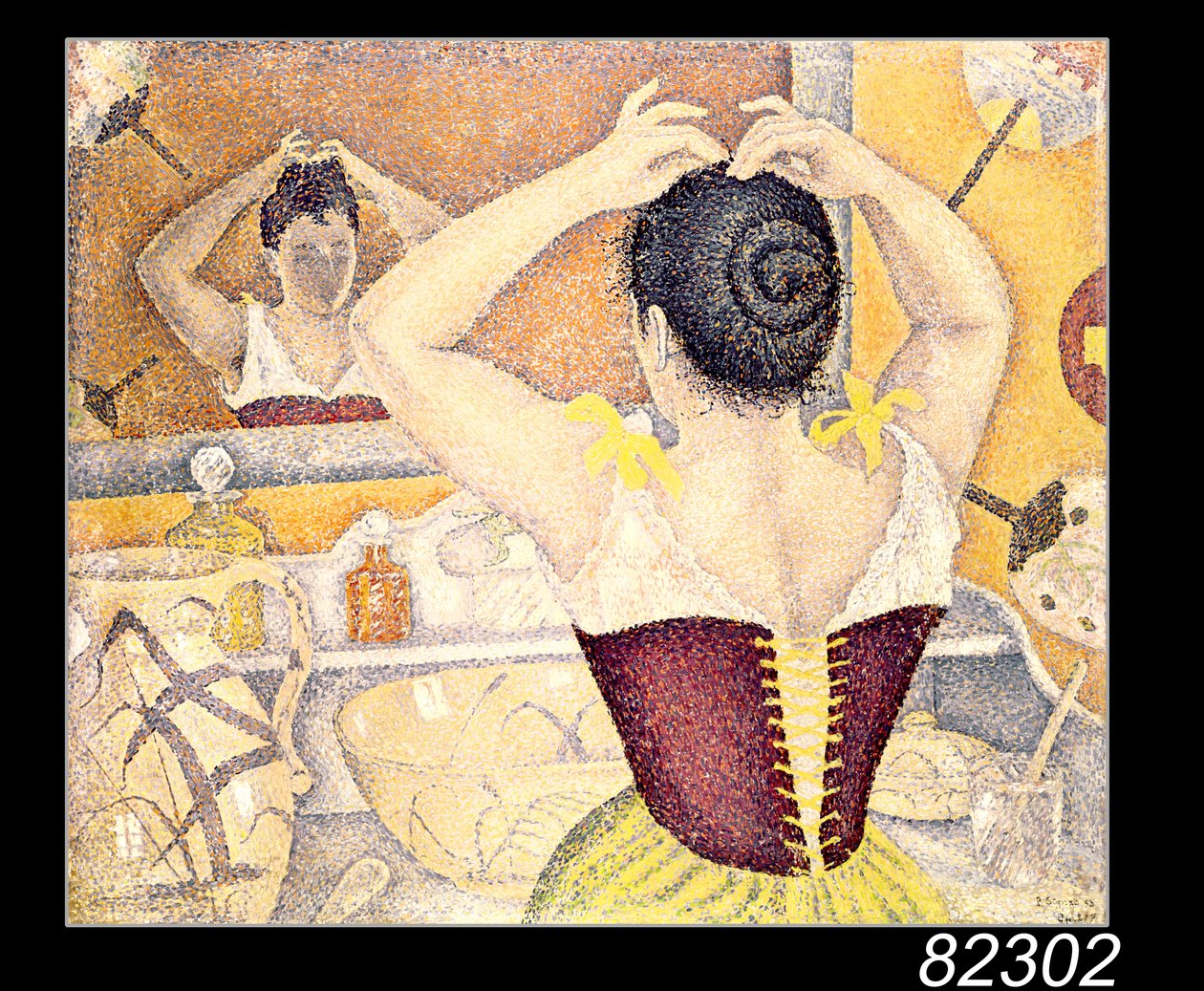 紫のコルセットを身に着けているトイレの女性、1893年 作： ポール・シニャック