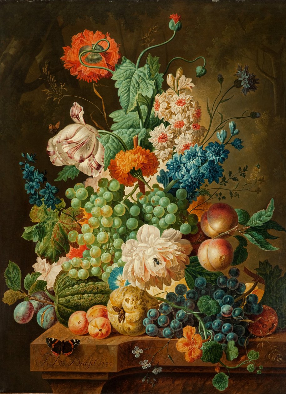 大理石のテーブルの上の果物と花、1794 作： ポール・テオドール・ファン・ブリュッセル