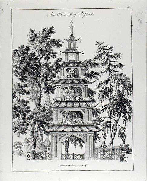 1759年に出版された『中国の建築、土木および装飾』に掲載されている名誉パゴダ（エングレーヴィング）（モノクロ写真） 作： ポール・デッカー