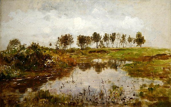 手前に池のあるダッハウ近郊の風景（油彩・厚紙） 作： ポールバウム