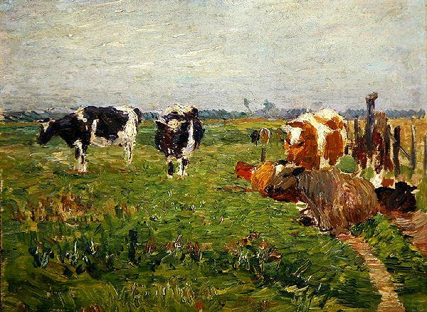 牛のいる夏の低地の風景」（油彩・キャンバス） 作： ポールバウム