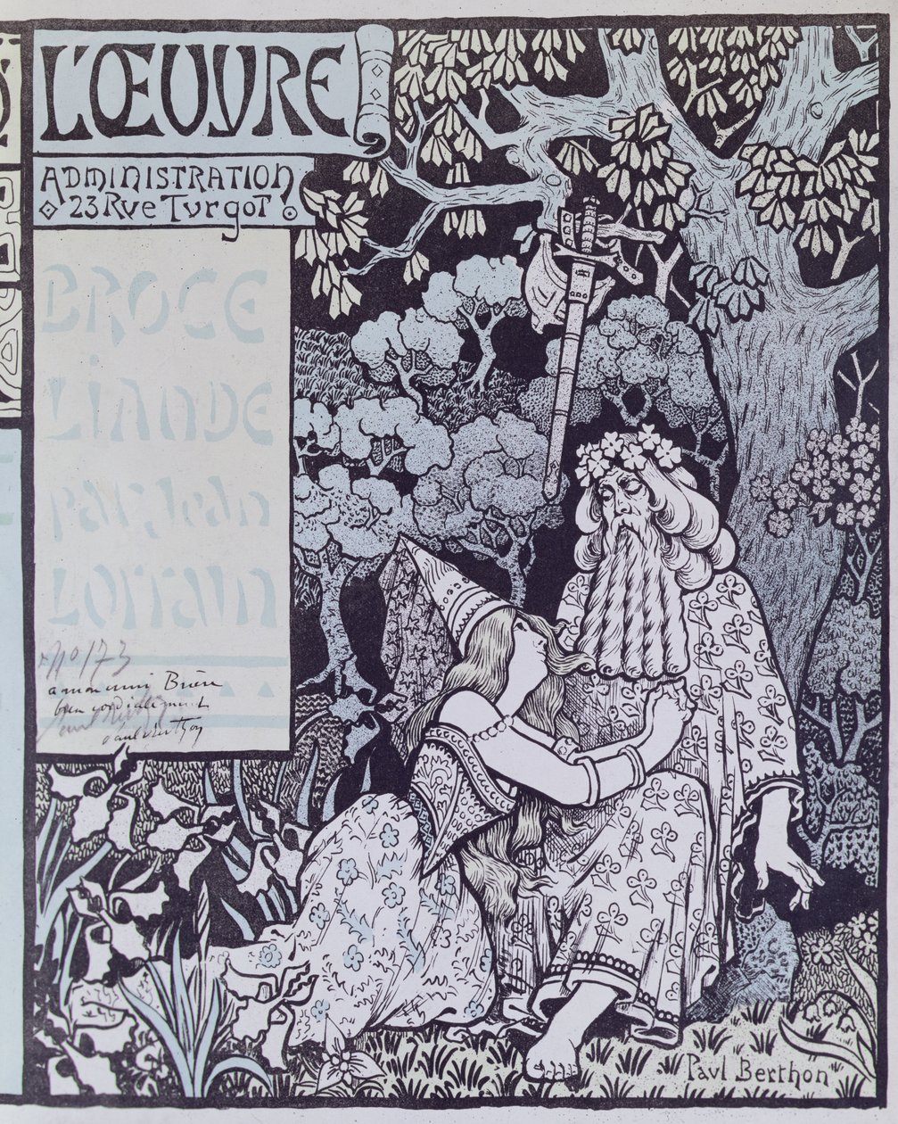 ブロセリアンドの森の魔法使いマーリンと妖精ヴィヴィアン（ジャン・ロラン（1855-1906）の戯曲「ブロセリアンド」より） c.1900 （木版画 作： ポール・ベルトン