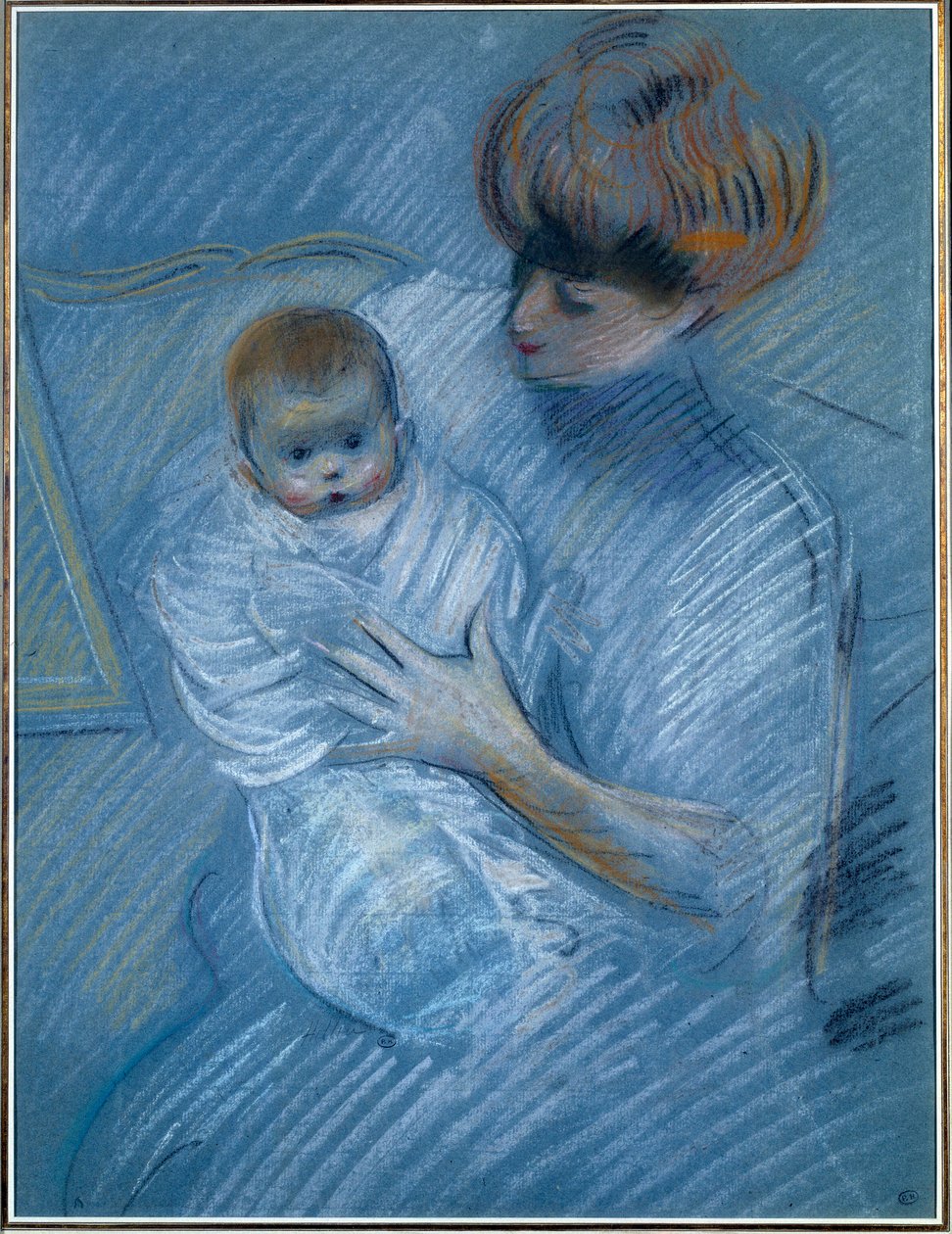 マタニティ。ポール・ヘレウ（1859-1927）のドローイング、20世紀。子供を連れた母親の肖像。バイヨンヌ、ボナ美術館 作： ポール・セザール・ヘレウ