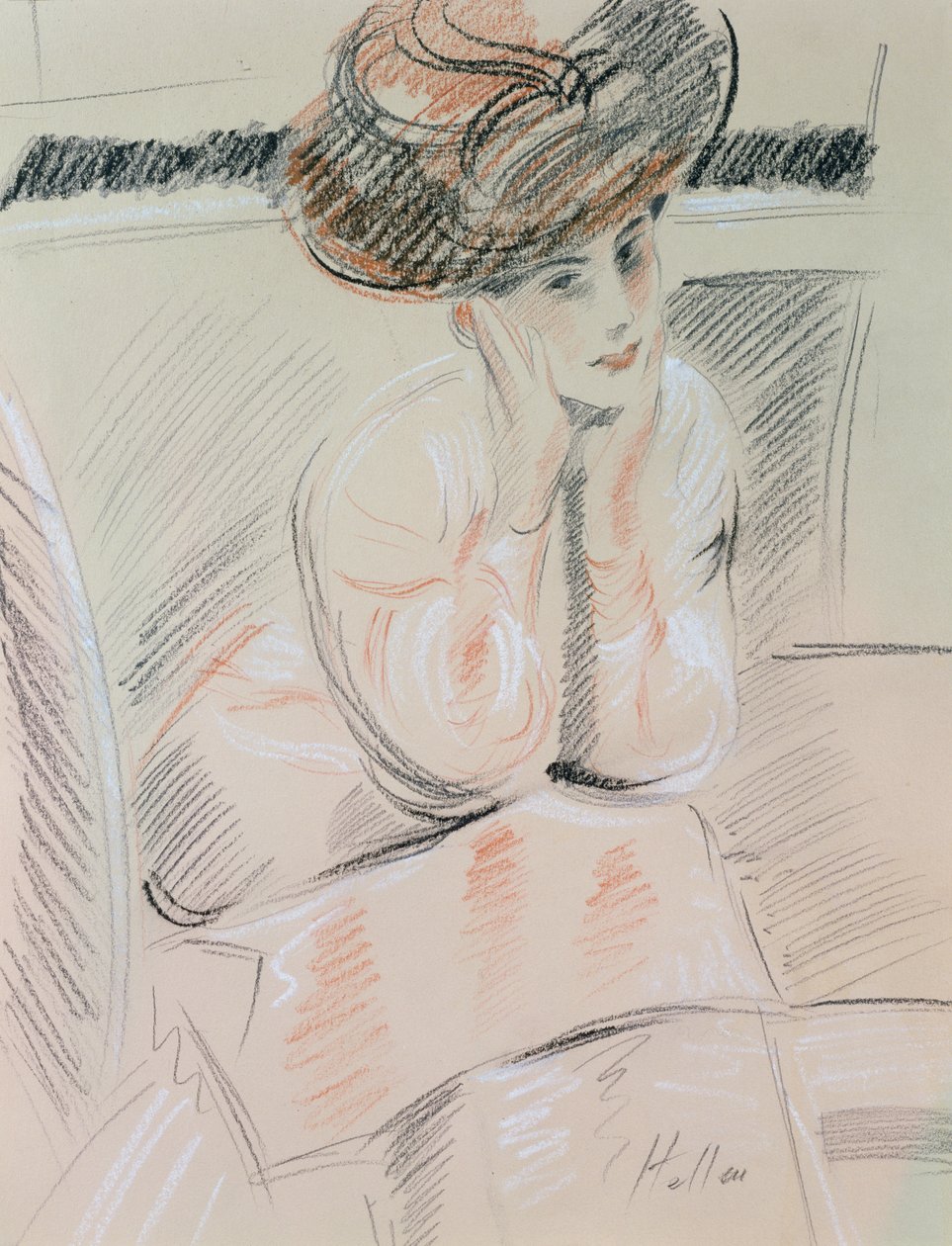 女性の肖像画（バフ紙に黒、白、赤チョーク） 作： ポール・セザール・ヘレウ