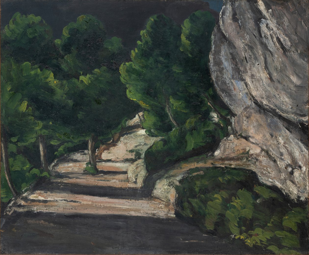 風景、ロッキー山脈の木のある道、1870-71年頃（油彩・キャンバス） 作： ポール・セザンヌ