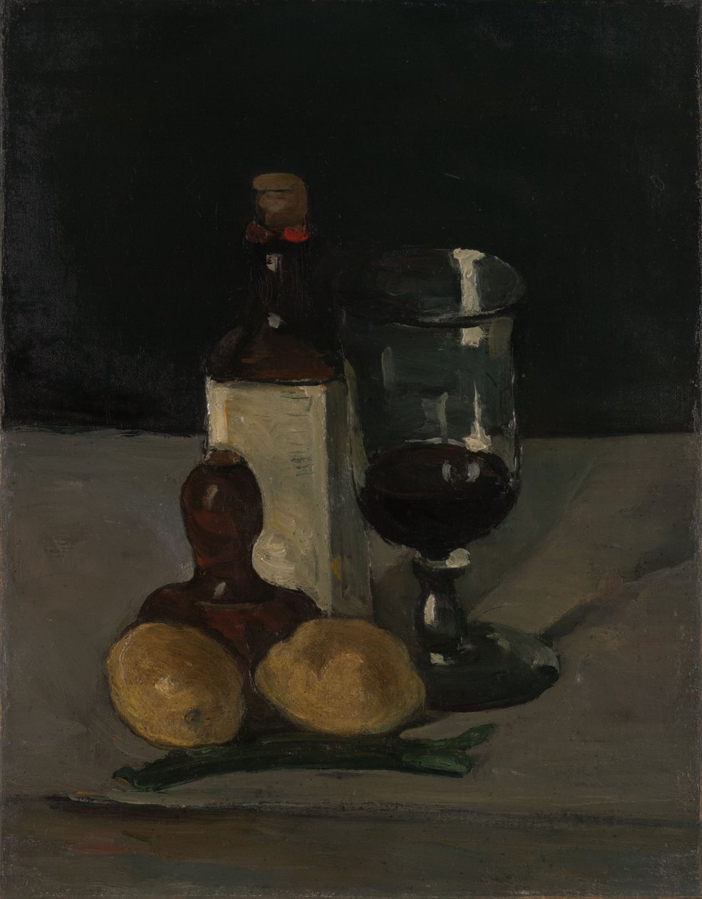 瓶、グラス、レモンのある静物 作： ポール・セザンヌ