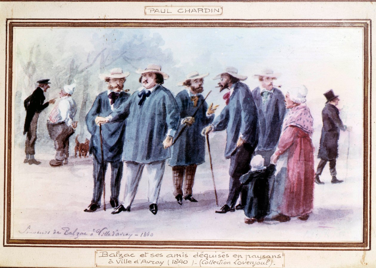 フランスの作家、オノレ・ド・バルザック（1799-1850）とその友人たちは、1840年にアヴレイの町で農民に変装しています。ポール・シャルダン（1833～）が記憶を頼りに描いた水彩画。 作： ポール・チャーディン