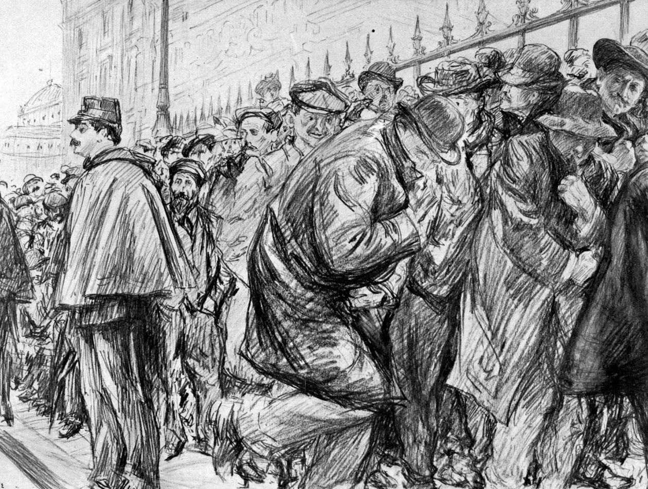 1909年、パリ、マルグリットシュタインハイルの裁判中に、法廷の外に並ぶ 作： ポール・チャールズ・レヌアール