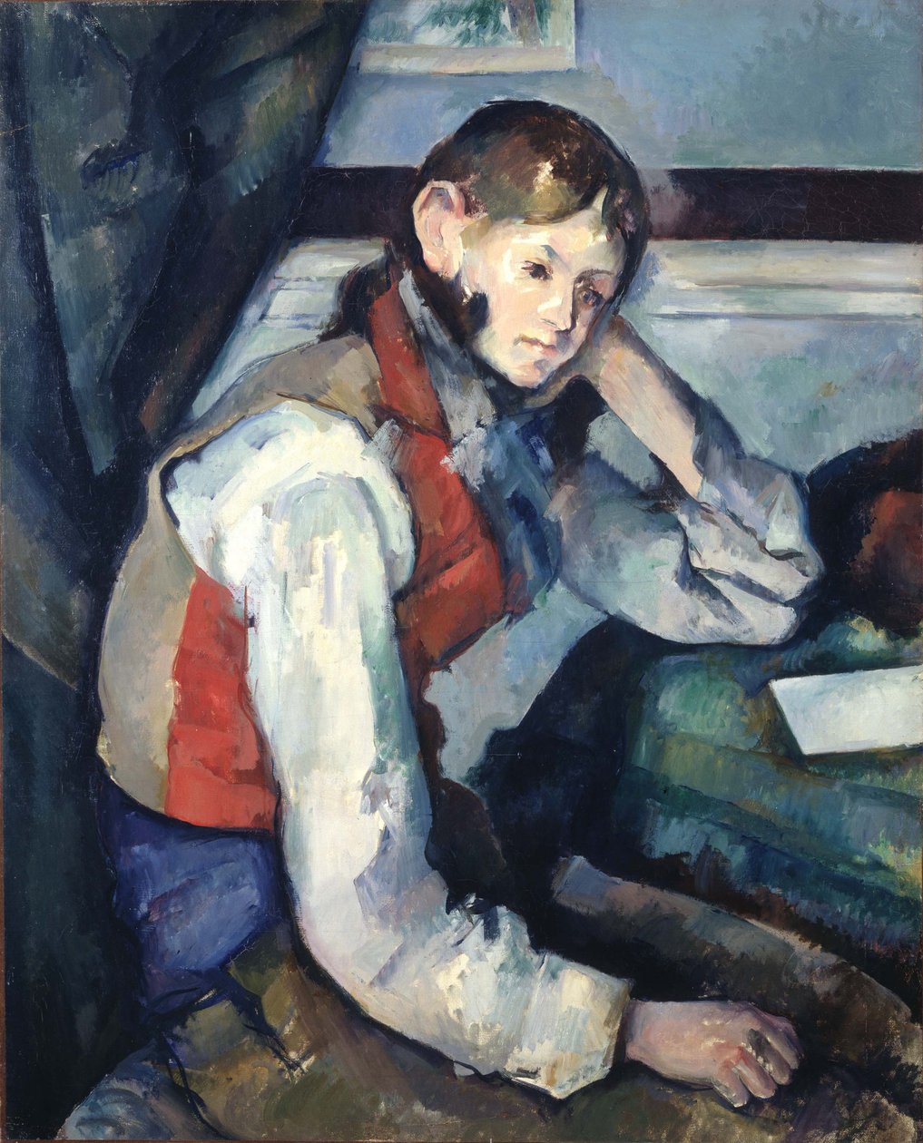 ドイツ語：Le Garçon au gilet rouge 赤いベストの少年 作： ポール・セザンヌ
