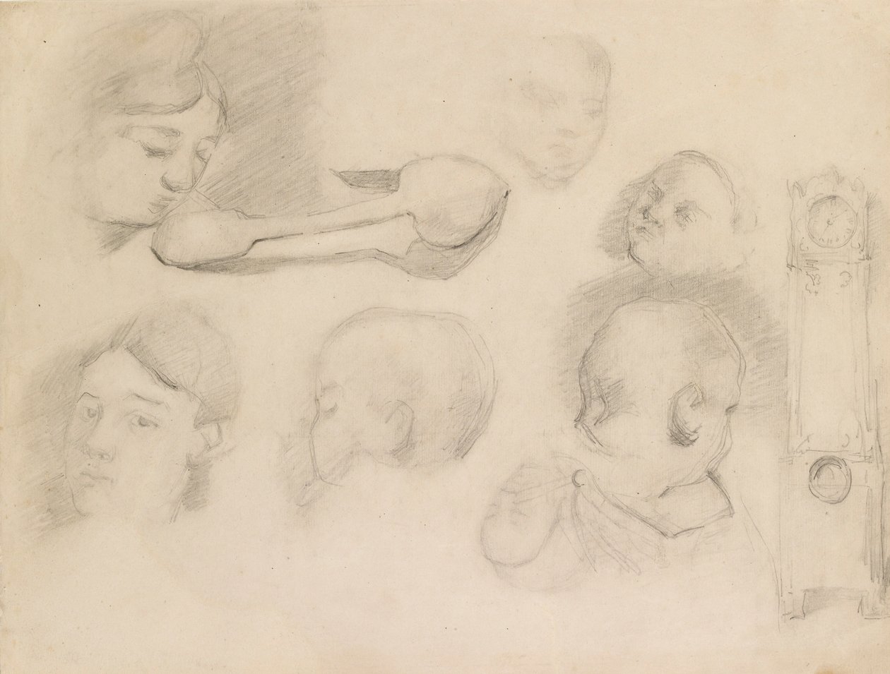 子供の頭、女性の頭、スプーン、および長いケースの時計の研究、c1872 作： ポール・セザンヌ