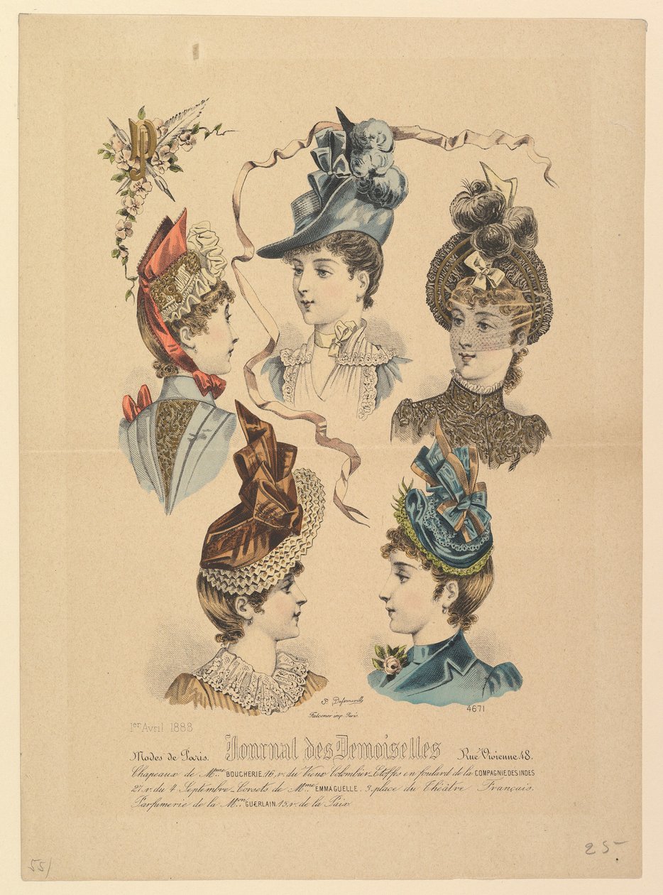 レディース ハット、No. 4671、Journal des Demoiselles、1888 年 4 月 1 日。 作： ポール・デファーンビル
