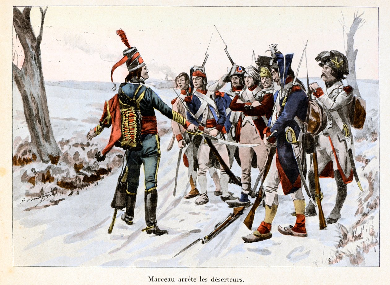 Marceau arrete deserteurs:Francois-Severin Desgraviers Marceau (1769-1796) がヴァンデ地方で共和国軍の兵士を拘束する (85) - Emile Boutigny (1853-1929) の挿絵 Theodore Cahu (1854-1928) の「Hoche-Marceau-Desaix」にて - Private col. 作： ポール・エミール・ブティニー