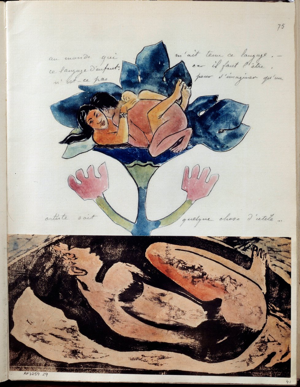 Album Noa (oder Noa Noa) von Paul Gauguin: Folio 75. Oben Zeichnung, Aquarell, Feder und Tinte, die ein Paar beim Geschlechtsverkehr darstellen, und unten Radierung mit Aquarellakzenten einer schlafenden Frau von Paul Gauguin