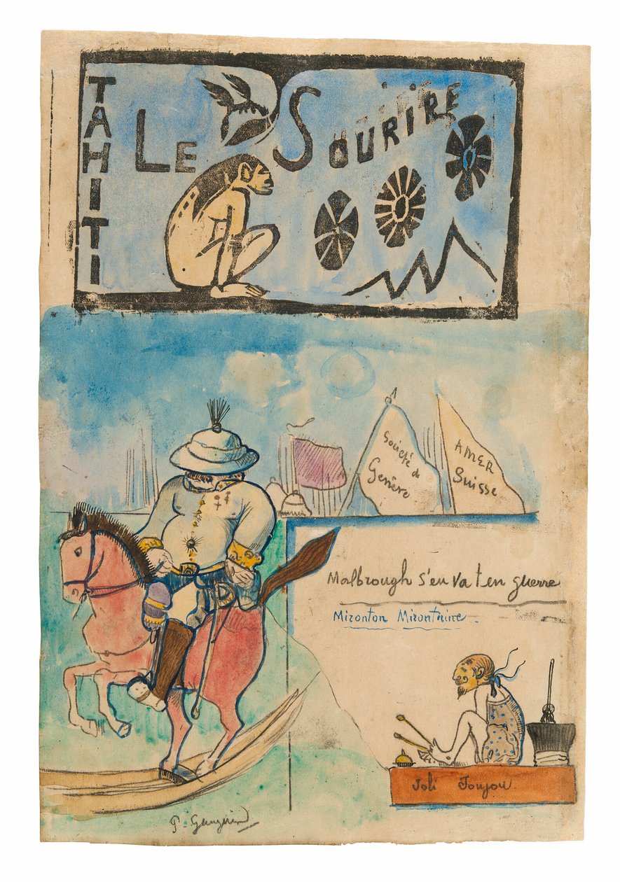 ゴーギャンとガレ総督の風刺画、『Le sourire』の頭飾り付き 作： ポール・ゴーギャン