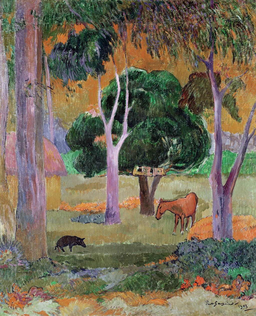 ドミニカの風景、または豚と馬のいる風景、1903 作： ポール・ゴーギャン