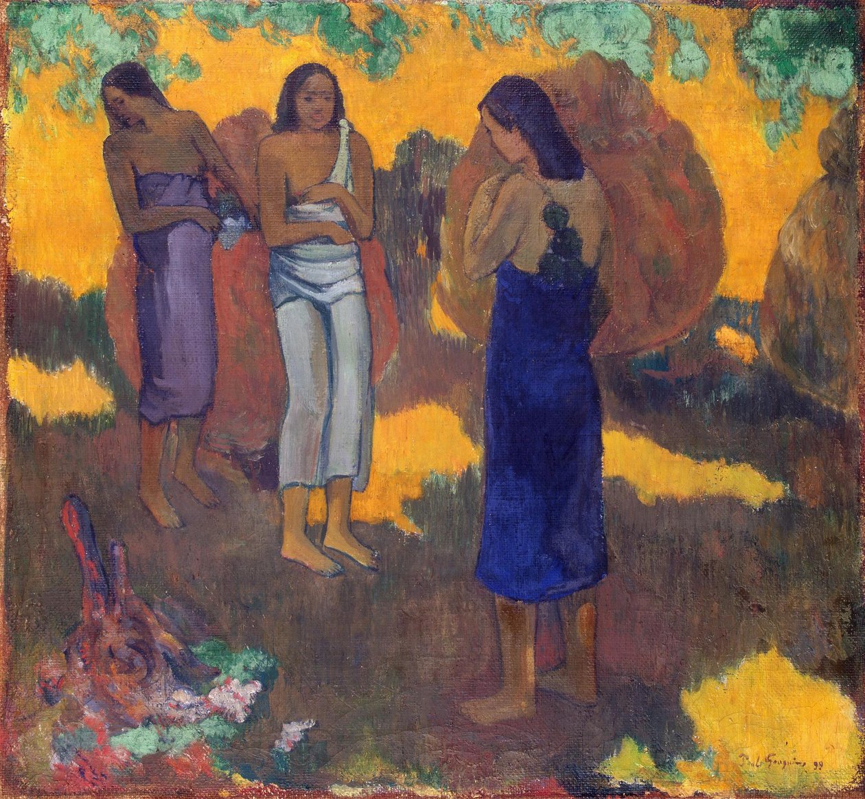 フランス語  Trois Tahitiennes sur fond jaune 黄色の背景に3人のタヒチ女性 作： ポール・ゴーギャン