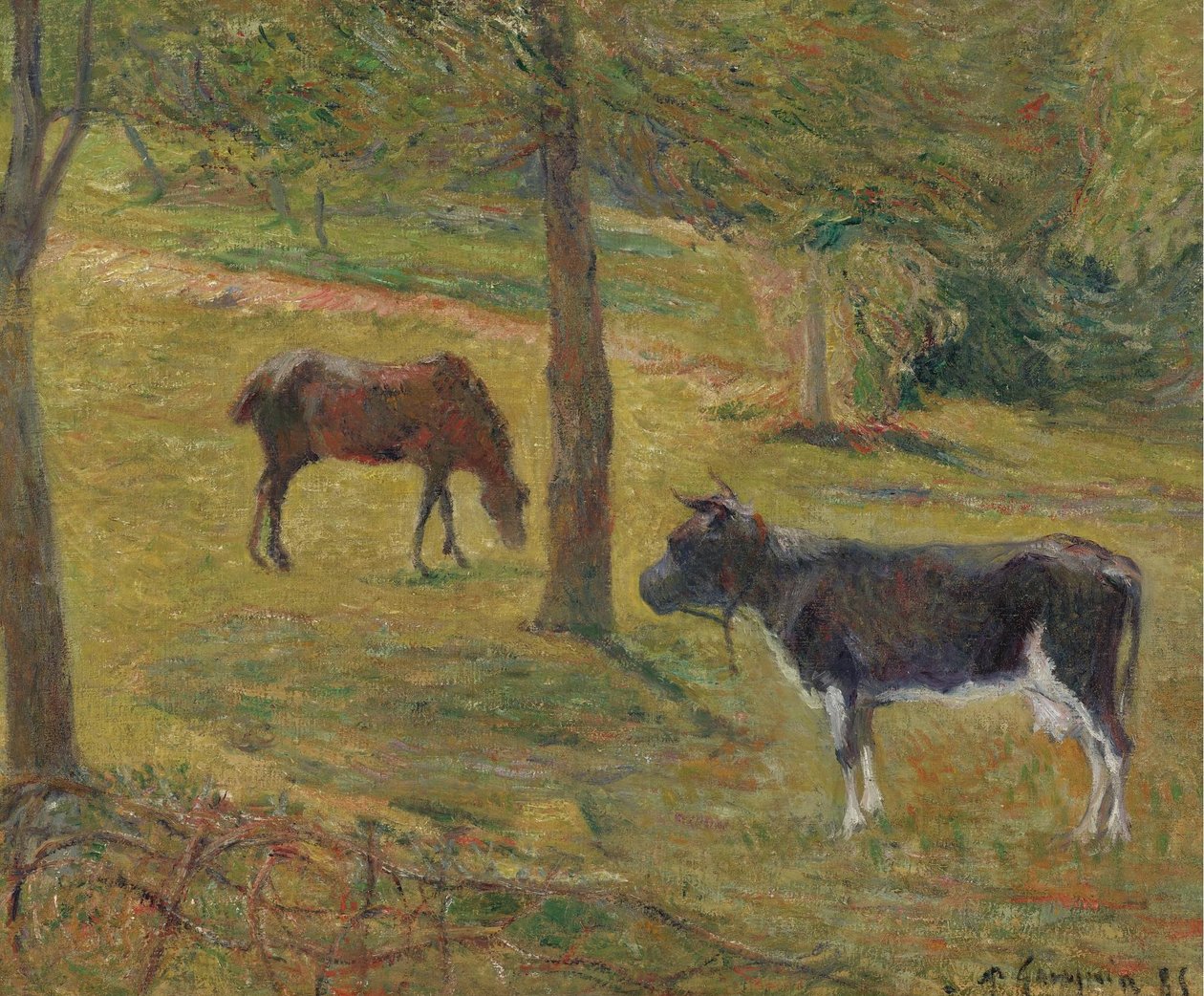 フランス語：Vache et cheval dans un pré 草原の牛と馬 作： ポール・ゴーギャン