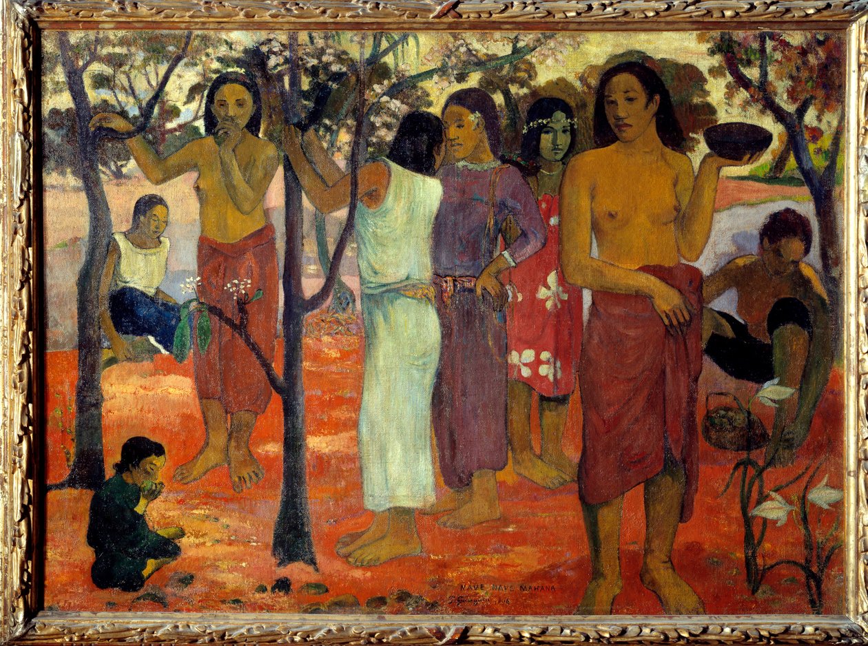 ナベナベ・マハナ（おいしい日々）。庭にいるタヒチの女性たち。ポール・ゴーギャン（1848-1903）による絵画 1896年 日。0,94 x 1,3 m Lyon, musee des Beaux Arts - Nave Nave Mahana 別名「おいしい日」。庭園にいるタヒチの女性のグループ。パによる絵画 作： ポール・ゴーギャン