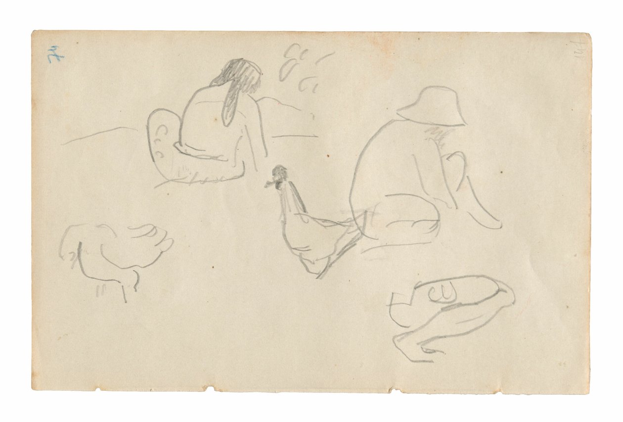 座っている人物とニワトリのスケッチ (右)、裸の女性のトルソ (絵画 Te a no areois [The Seed of the Areoi] に関連) (裏面)、Carnet de Tahiti (タヒチのスケッチブック) より 作： ポール・ゴーギャン