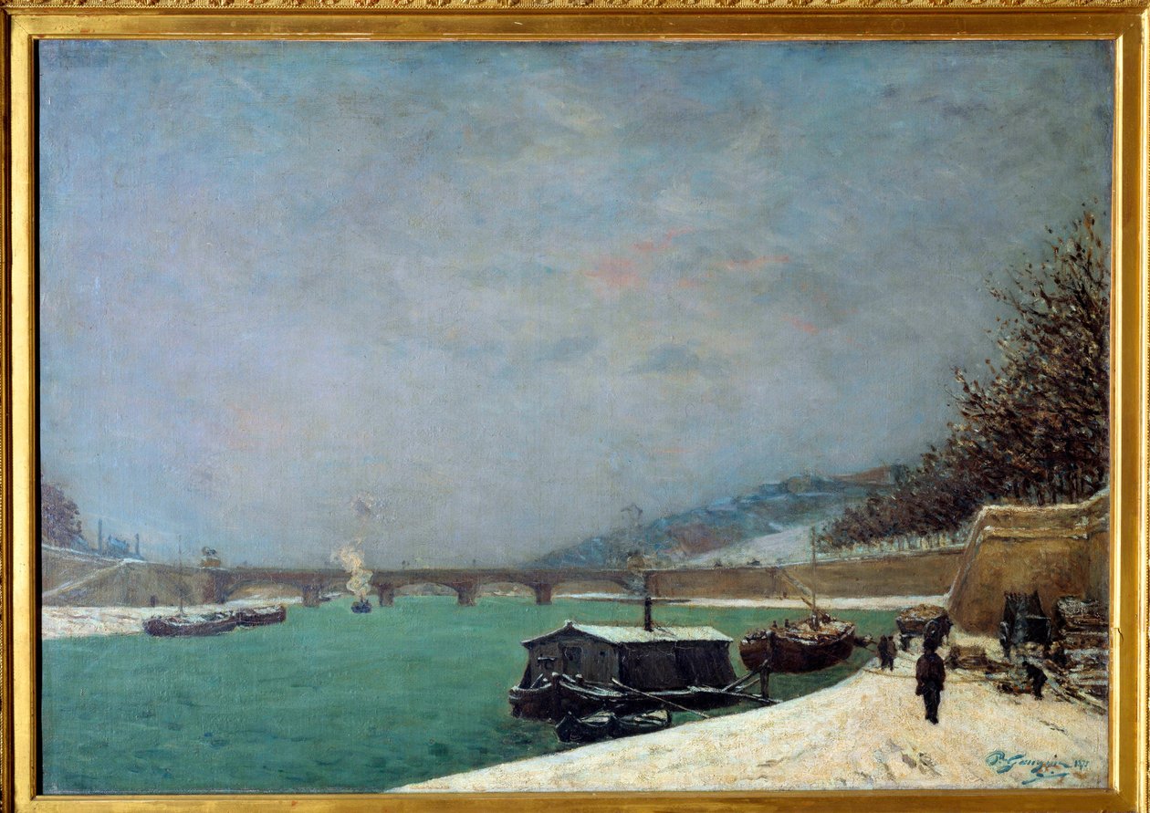 雪の日のポン・デ・エナのセーヌ川：雪の下のパリの風景。ポール・ゴーギャン（1848-1903）の絵画 作： ポール・ゴーギャン
