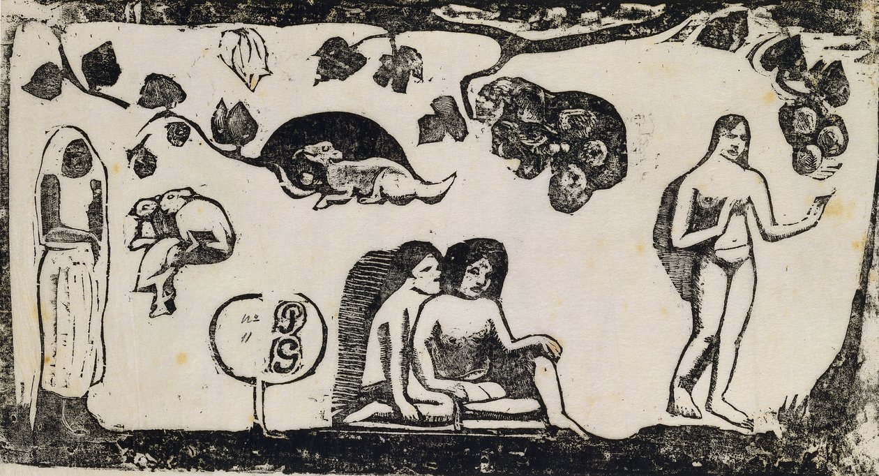 女性、動物、葉;女性、動物、葉、1895-1903 作： ポール・ゴーギャン
