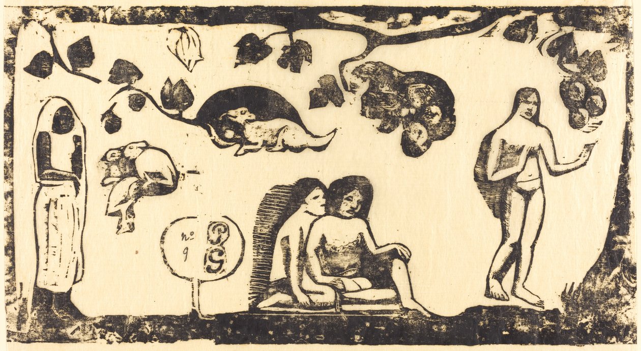 女性、動物、葉 1895年以降の女性、動物、葉。 作： ポール・ゴーギャン