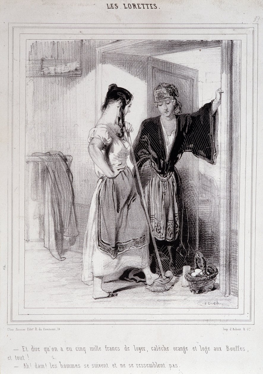 階段で男性について会話する2人の貧しい女性、「Les Lorettes」、Gavarni、1840年頃。 作： ポール・ガヴァルニ