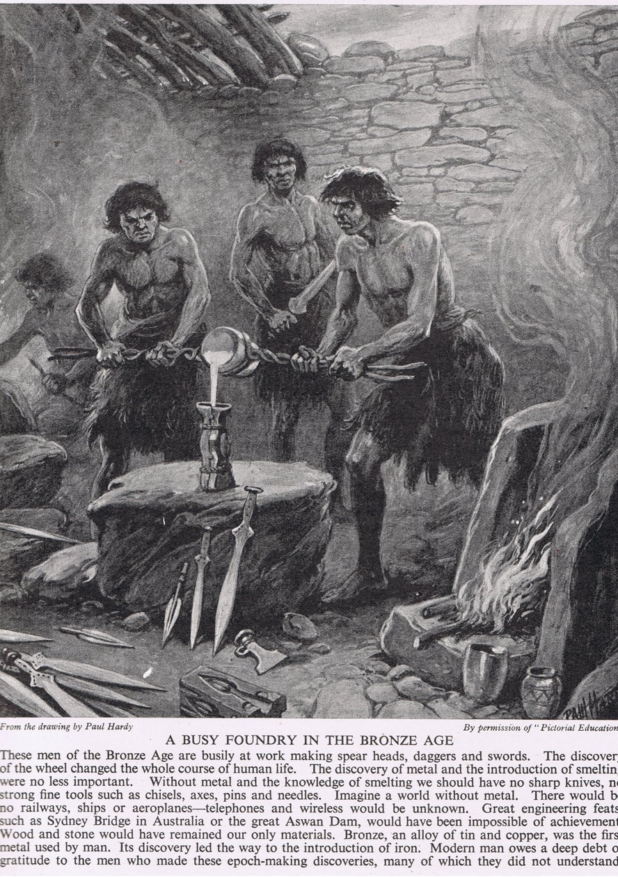 青銅器時代の忙しい鋳造所、「イギリス人の物語」、c.1950のイラスト 作： ポールハーディ