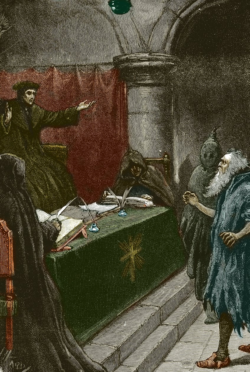 スペインのユダヤ人の異端審問と追放: 1492 年頃に大審問官の前にいるスペイン系ユダヤ人、アルハンブラ宮殿の布告の発行時 - ポール ハーディによるイラスト 1891 大審問官の前のスペイン系ユダヤ人 作： ポールハーディ