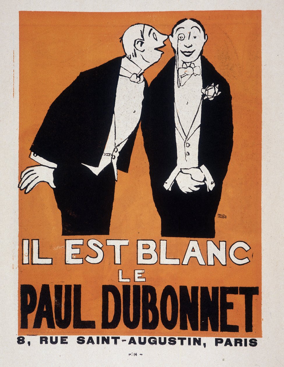 Paul Iribe（1883-1935）によるアルコール飲料Paul Dubonnetの広告（イブニングドレスを着た二人の男性）、「Le Temoin」、1907年12月28日。 作： ポール・イリベ