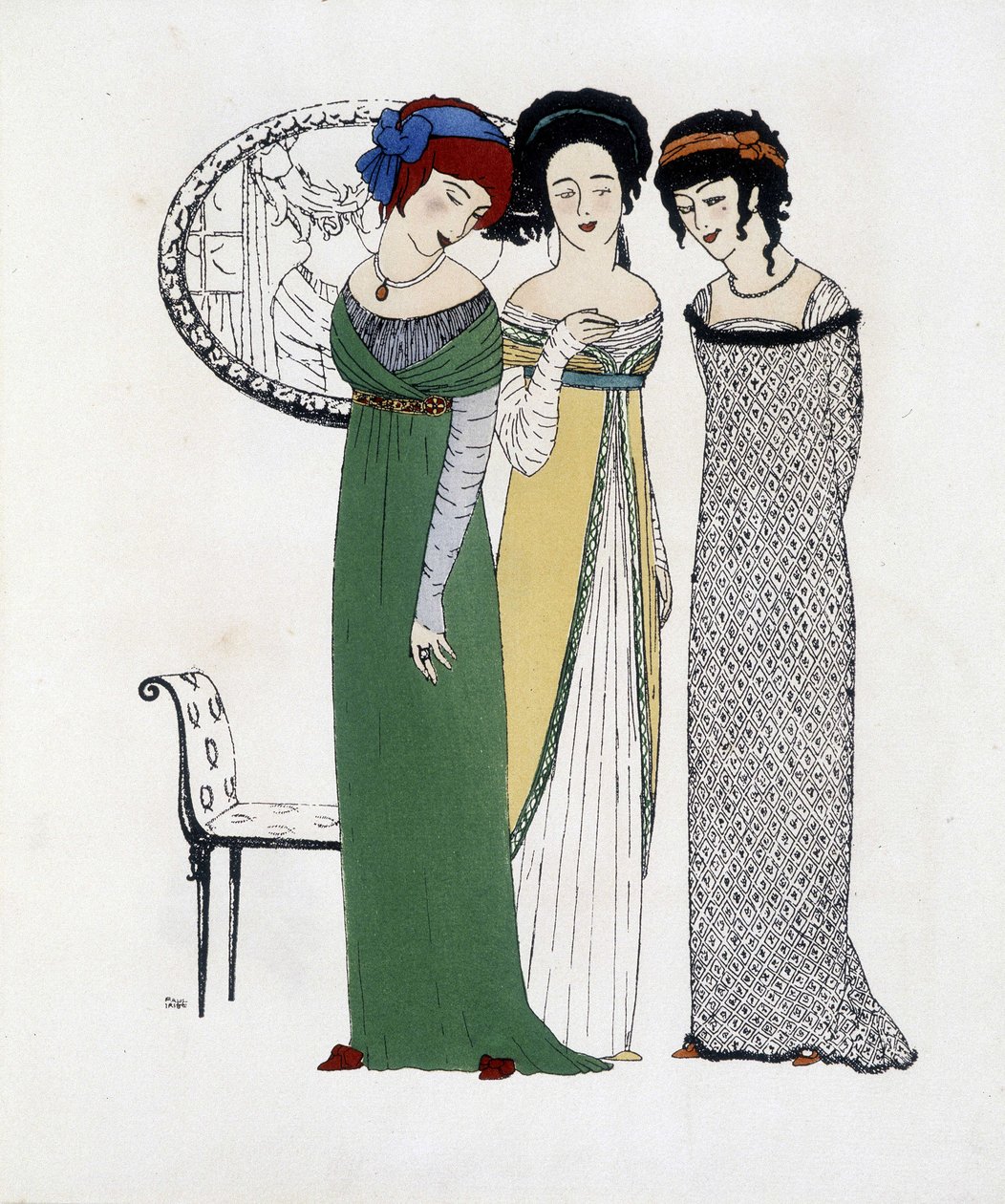 ポール・ポワレのクリエイション ポール・イリベが描いた「Les Dresses de Paul Poiret」より。1908 作： ポール・イリベ