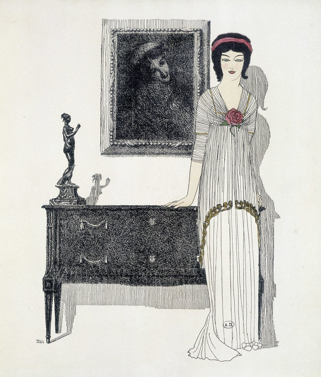 ポール・ポワレのクリエイション ポール・イリベが描いた「Les Dresses de Paul Poiret」より。1908 作： ポール・イリベ