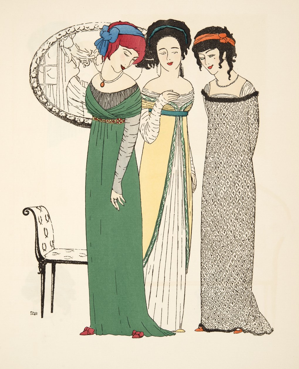 Les Robes de Paul Poiretパブからの3つのイブニングドレス。 1908（ステンシルプリント） 作： ポール・イリベ