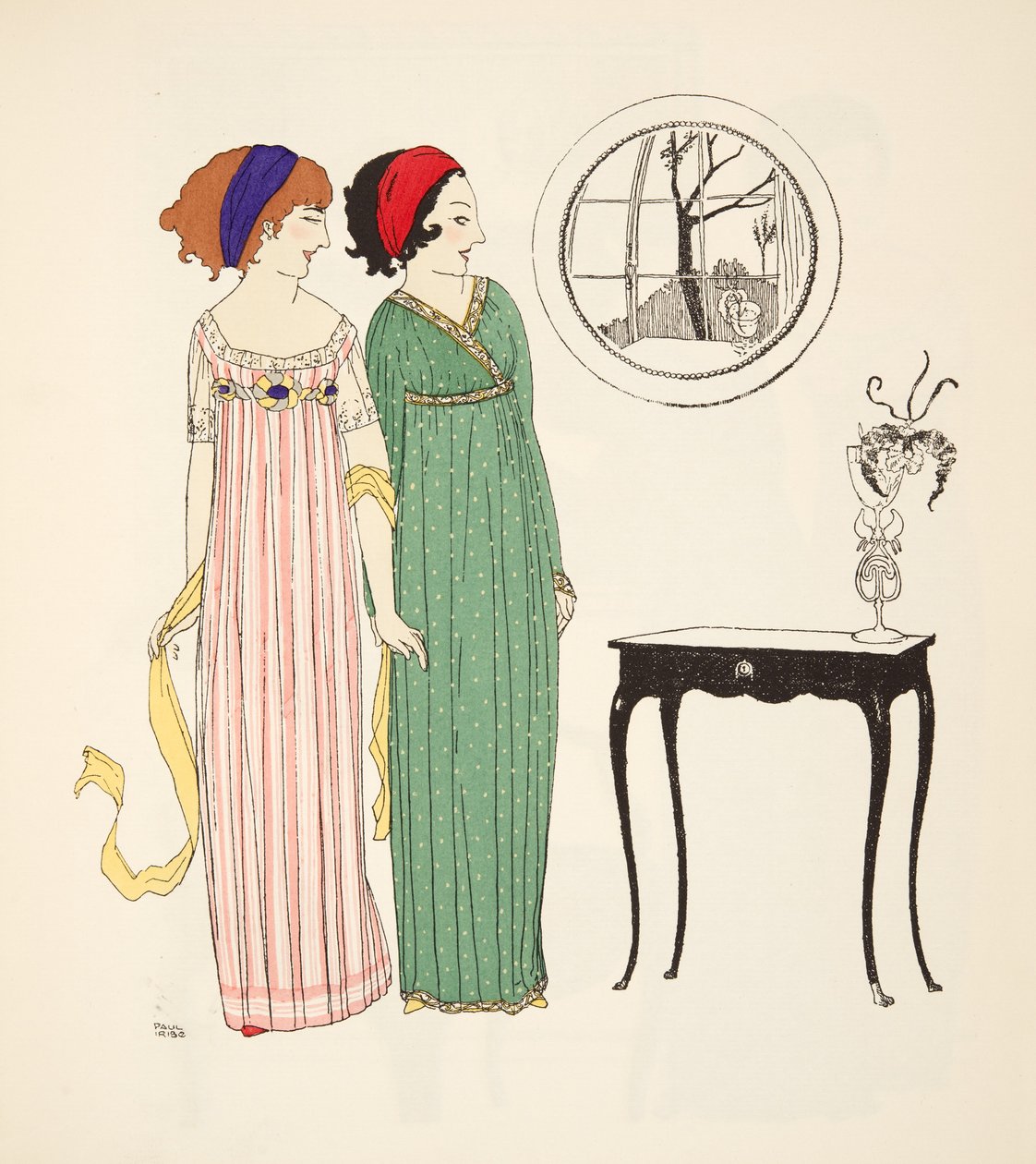 Les Robes de Paul Poiretパブからの2つのエンパイアラインデイドレス。 1908（ステンシルプリント） 作： ポール・イリベ