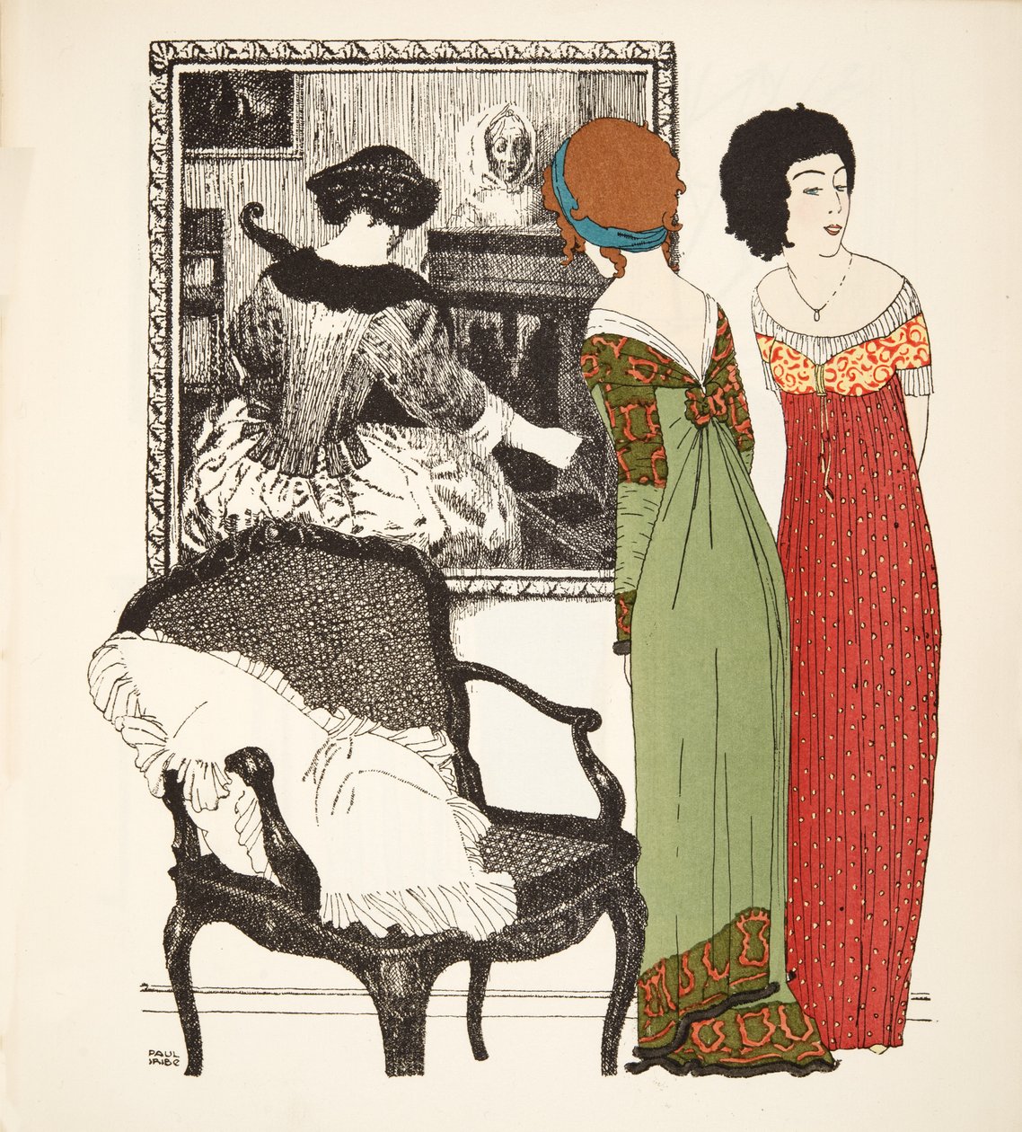 Les Robes de Paul Poiretパブからの2つのエンパイアラインドレス。 1908（ステンシルプリント） 作： ポール・イリベ