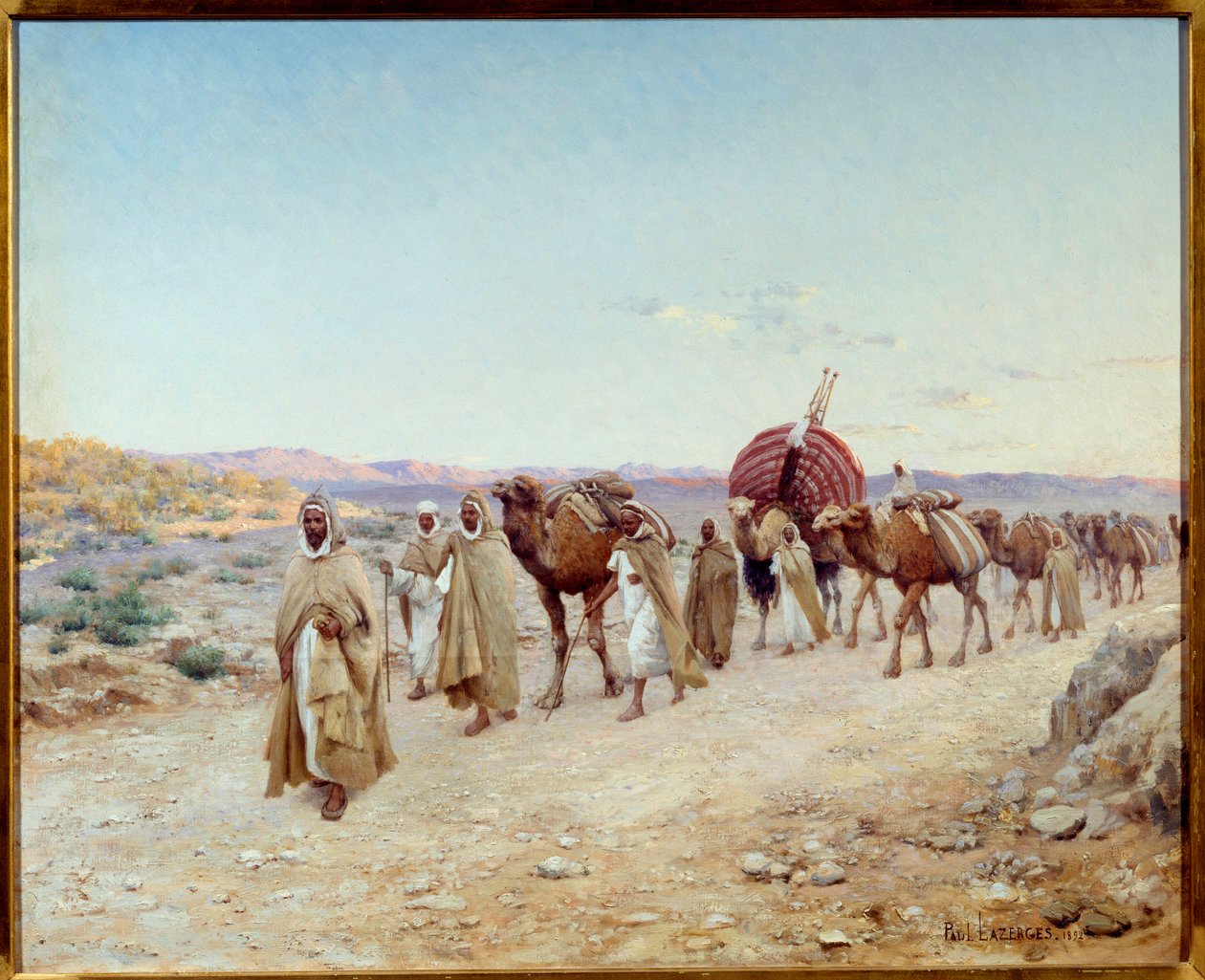 1892年 アルジェリア、ビスクラ近郊の砂漠のキャラバン隊 Jean Baptiste Paul Hippolyte Lazerges, dit Paul Lazerges (1845-1902) の絵画 1892年 Sun.0,81x1,01 m Nantes, musee des Beaux Arts - アルジェリア、ビスクラ近郊の砂漠でのキャラバン隊 作： ポール・ジョン・バプティスト・ラゼルジュ