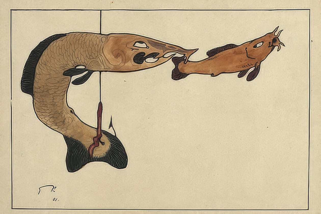 無題（2匹の魚、1匹はフックに）。 1901 作： ポール・クレー