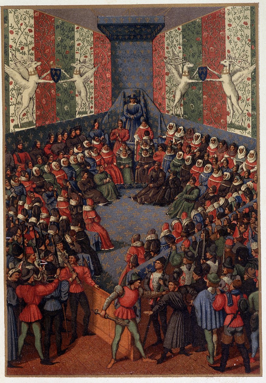 1458年にヴァンドームで行われたアランコン公ジョン（イギリスと同盟）の裁判を司会するシャルル7世 - フーケの細密画を参考にしたもので、ポール・ラクロワ著「中世とルネサンス時代の軍隊と宗教生活」に掲載されている。 作： ポール・ラクロア