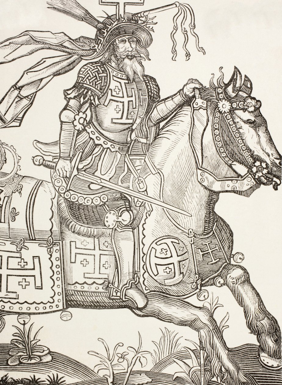 ゴドフリー・オブ・ブイヨン、1060-1100年、中世フランク王国の騎士。第一回十字軍の指導者。キリストの受難の道具を戴く。15世紀の木版画による。 作： ポール・ラクロア