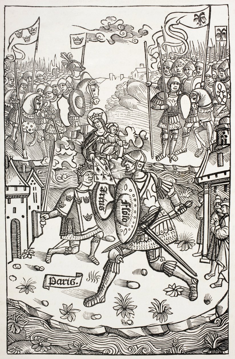 聖母に守られて巨人と戦うアルトゥス王、あるいはアーサー。アラン・ブシャール作『Chroniques De Bretagne』（1514年刊）の木版画による。 作： ポール・ラクロア