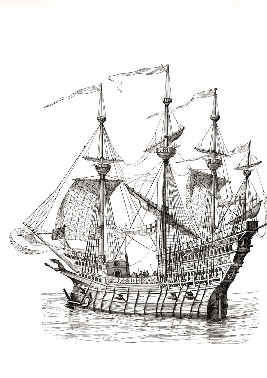 1520年、イングランドからフランスに向かったヘンリー8世が、フランシス1世と「黄金の布の戦場」で会うために乗った戦艦。ホルベインのデッサンによる。 作： ポール・ラクロア